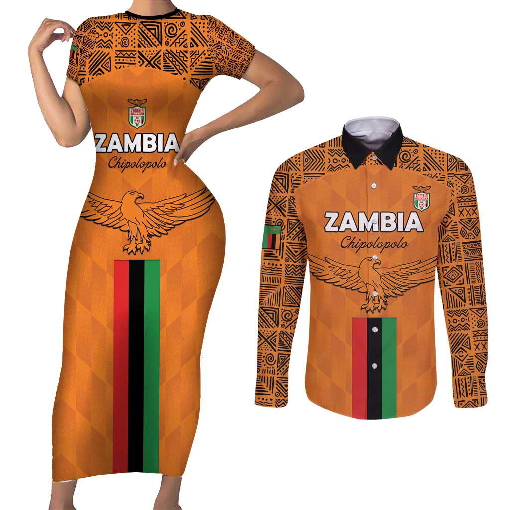 Custom Zambia Football Couples Matching Short Sleeve Bodycon Dress and Long Sleeve Button Shirt Go Chipolopolo Go - Wonder Print Shop