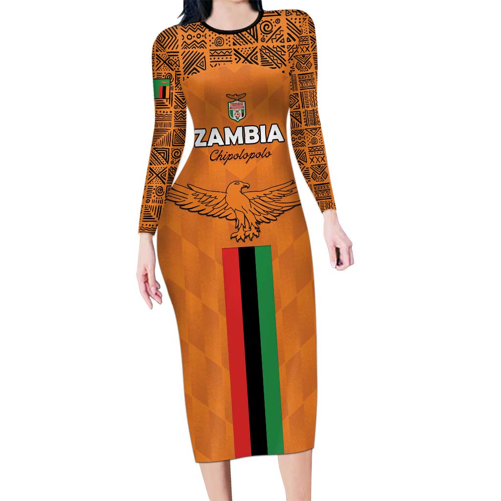 Custom Zambia Football Long Sleeve Bodycon Dress Go Chipolopolo Go - Wonder Print Shop