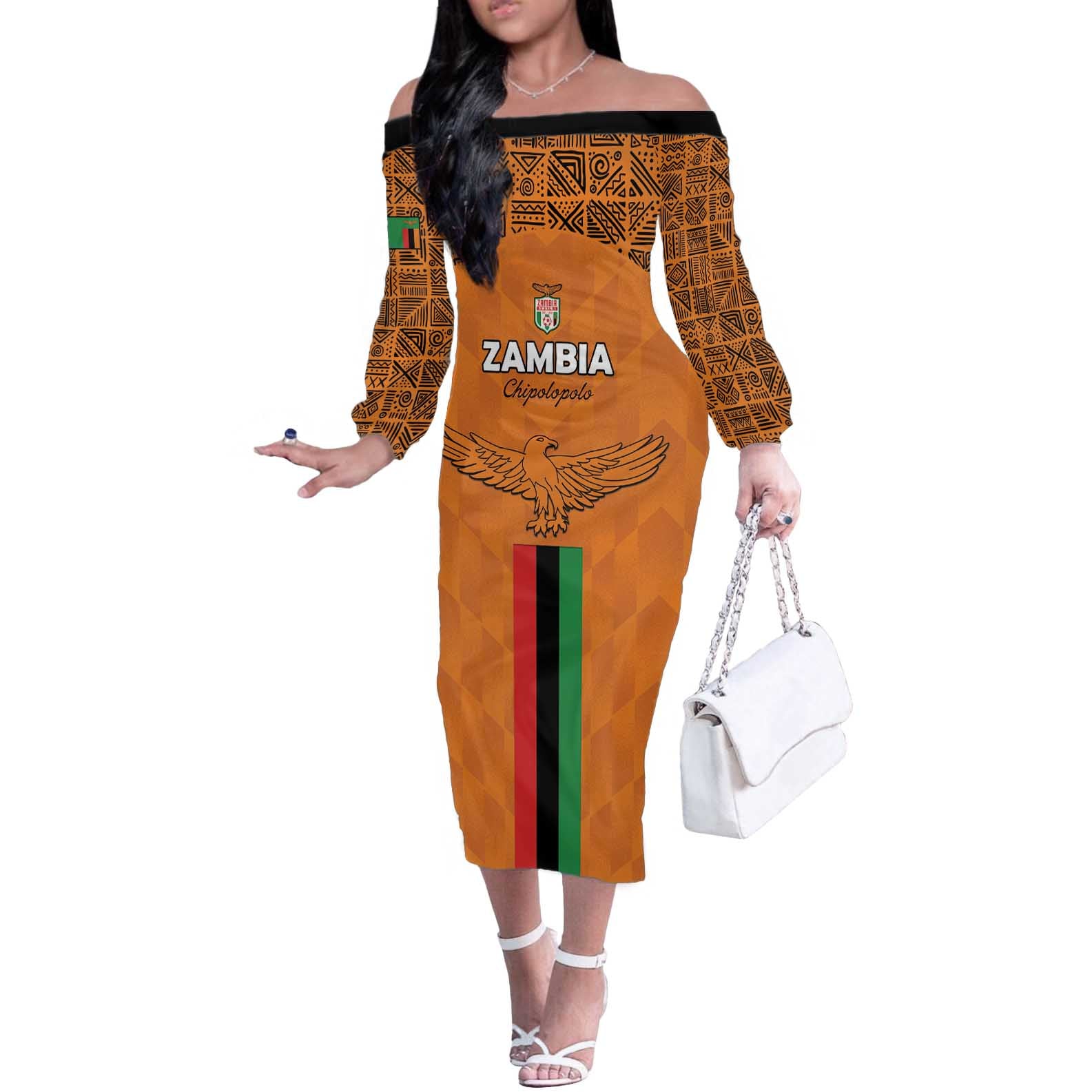 Custom Zambia Football Off The Shoulder Long Sleeve Dress Go Chipolopolo Go - Wonder Print Shop