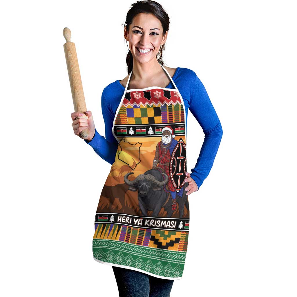 Kenya Safari Christmas Apron Black Santa Riding Cape Buffalo - Heri ya Krismasi - Wonder Print Shop