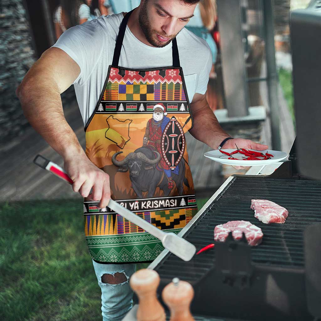 Kenya Safari Christmas Apron Black Santa Riding Cape Buffalo - Heri ya Krismasi - Wonder Print Shop