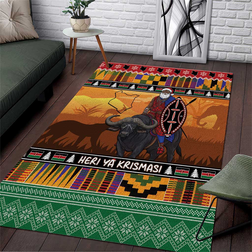 Kenya Safari Christmas Area Rug Black Santa Riding Cape Buffalo - Heri ya Krismasi - Wonder Print Shop