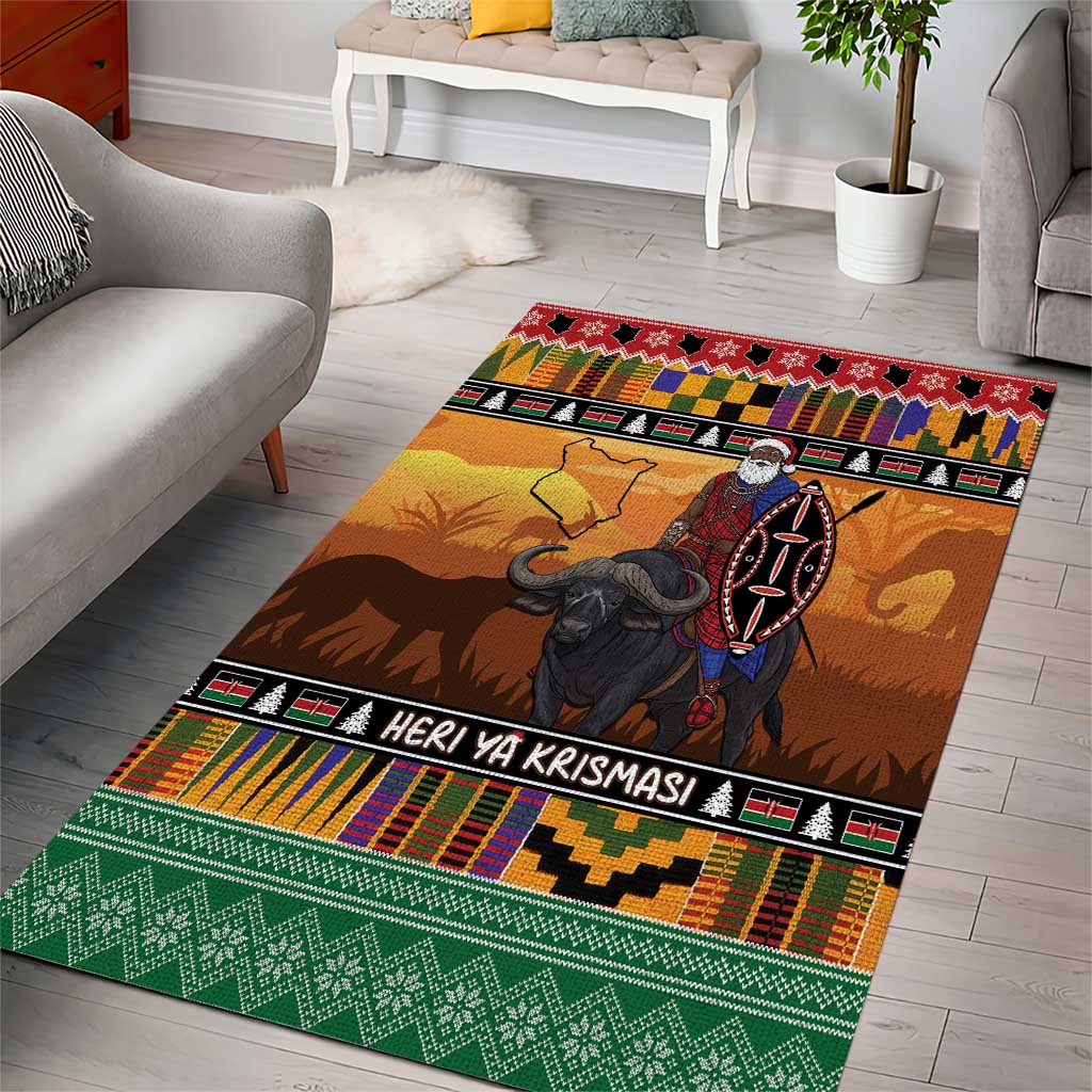 Kenya Safari Christmas Area Rug Black Santa Riding Cape Buffalo - Heri ya Krismasi - Wonder Print Shop