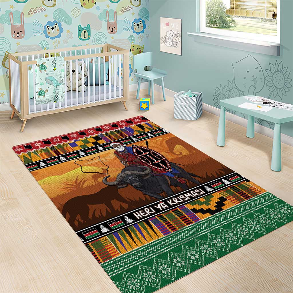 Kenya Safari Christmas Area Rug Black Santa Riding Cape Buffalo - Heri ya Krismasi - Wonder Print Shop