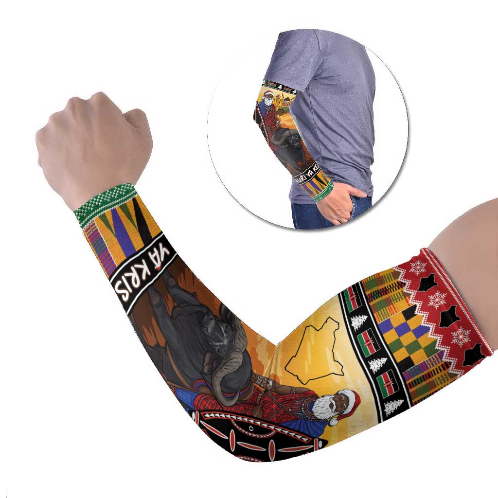 Kenya Safari Christmas Arm Sleeves Black Santa Riding Cape Buffalo - Heri ya Krismasi - Wonder Print Shop