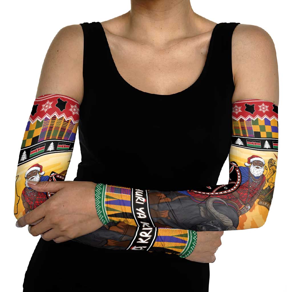 Kenya Safari Christmas Arm Sleeves Black Santa Riding Cape Buffalo - Heri ya Krismasi - Wonder Print Shop
