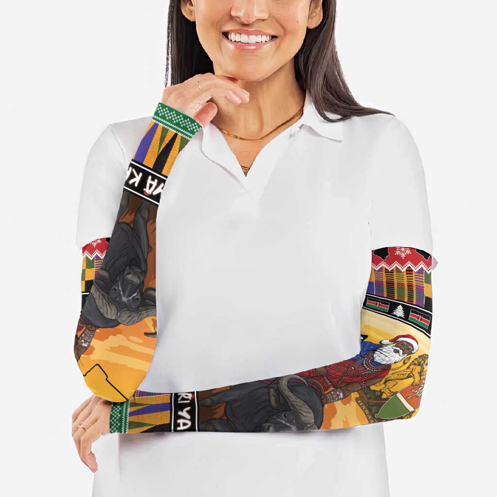 Kenya Safari Christmas Arm Sleeves Black Santa Riding Cape Buffalo - Heri ya Krismasi - Wonder Print Shop
