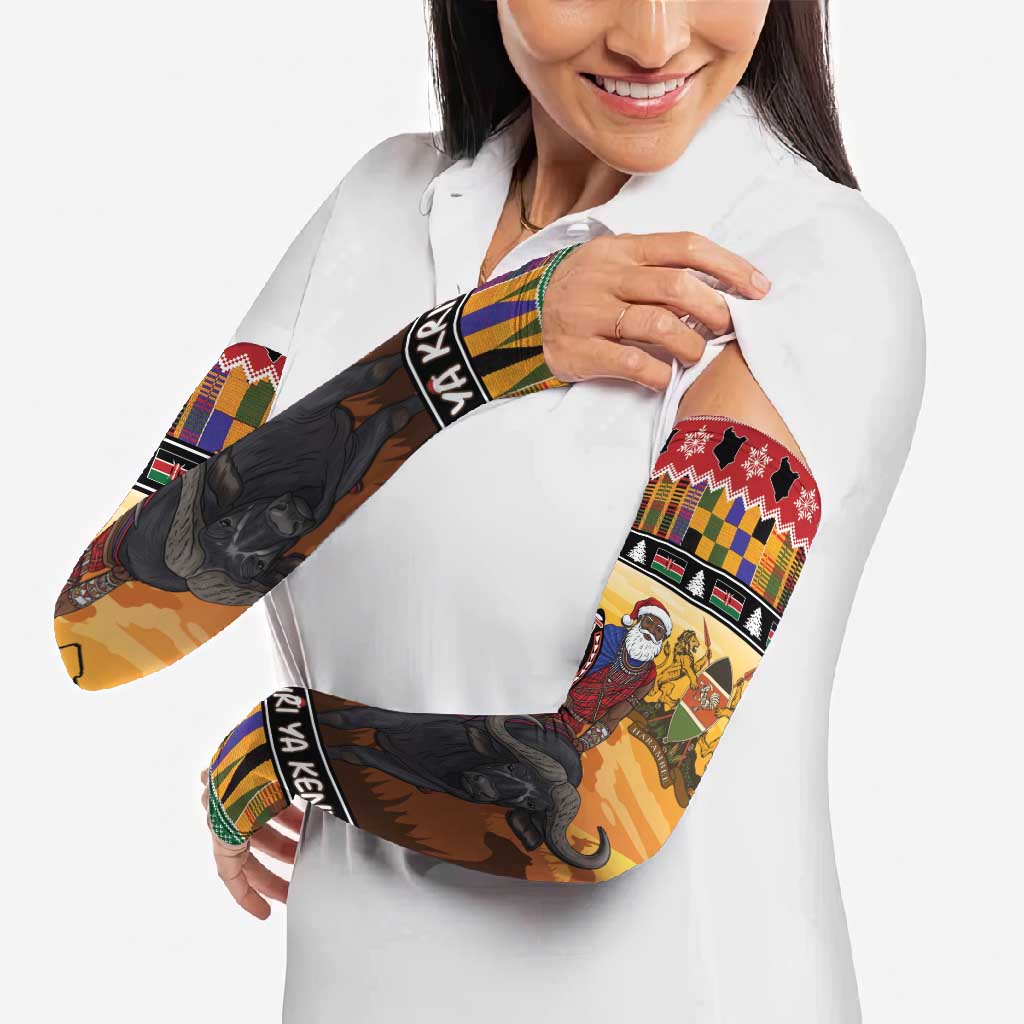 Kenya Safari Christmas Arm Sleeves Black Santa Riding Cape Buffalo - Heri ya Krismasi - Wonder Print Shop