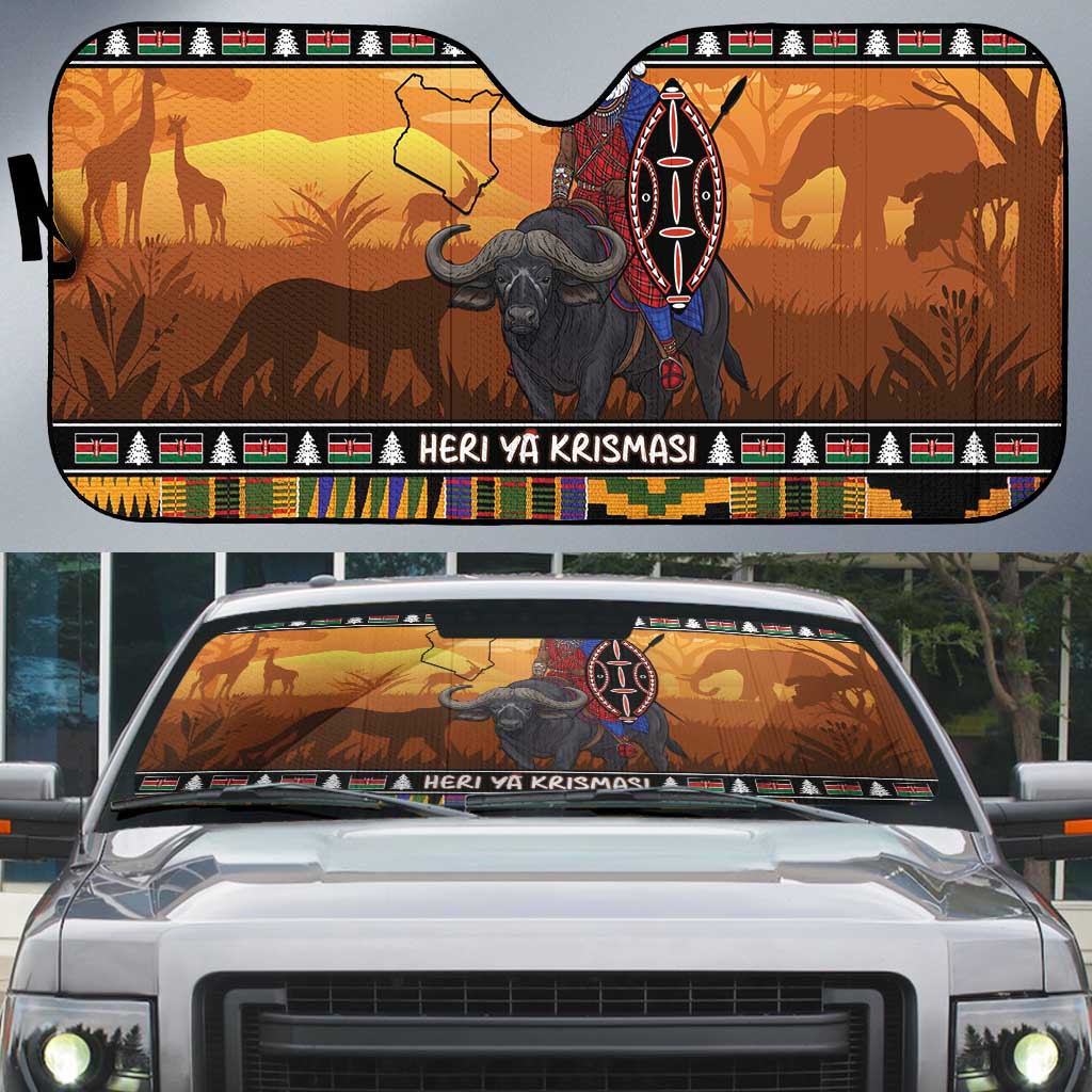 Kenya Safari Christmas Auto Sun Shade Black Santa Riding Cape Buffalo - Heri ya Krismasi - Wonder Print Shop