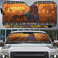 Kenya Safari Christmas Auto Sun Shade Black Santa Riding Cape Buffalo - Heri ya Krismasi - Wonder Print Shop