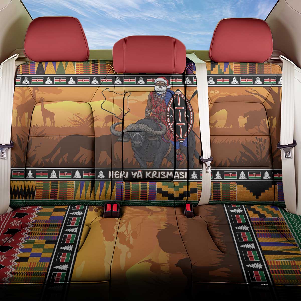 Kenya Safari Christmas Back Car Seat Cover Black Santa Riding Cape Buffalo - Heri ya Krismasi - Wonder Print Shop