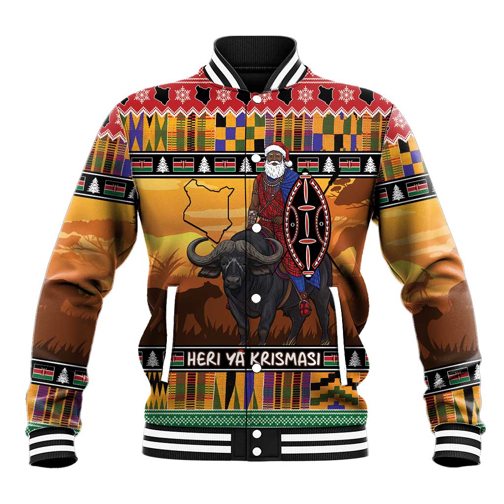 Kenya Safari Christmas Baseball Jacket Black Santa Riding Cape Buffalo - Heri ya Krismasi - Wonder Print Shop