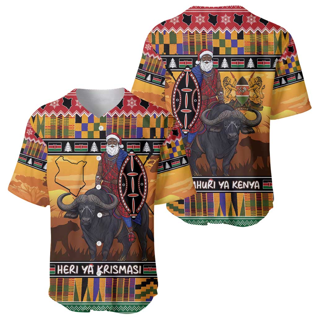 Kenya Safari Christmas Baseball Jersey Black Santa Riding Cape Buffalo - Heri ya Krismasi - Wonder Print Shop