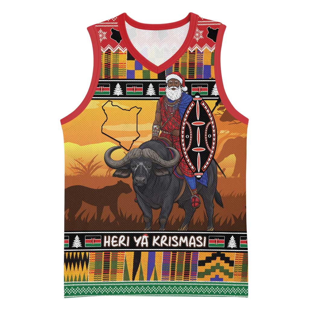 Kenya Safari Christmas Basketball Jersey Black Santa Riding Cape Buffalo - Heri ya Krismasi - Wonder Print Shop
