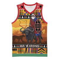 Kenya Safari Christmas Basketball Jersey Black Santa Riding Cape Buffalo - Heri ya Krismasi - Wonder Print Shop