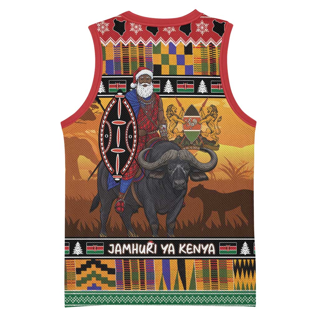 Kenya Safari Christmas Basketball Jersey Black Santa Riding Cape Buffalo - Heri ya Krismasi - Wonder Print Shop