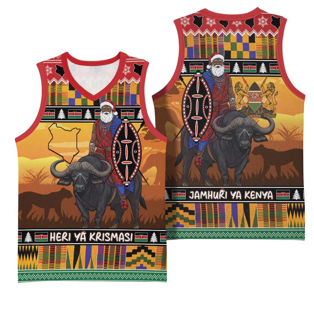 Kenya Safari Christmas Basketball Jersey Black Santa Riding Cape Buffalo - Heri ya Krismasi - Wonder Print Shop