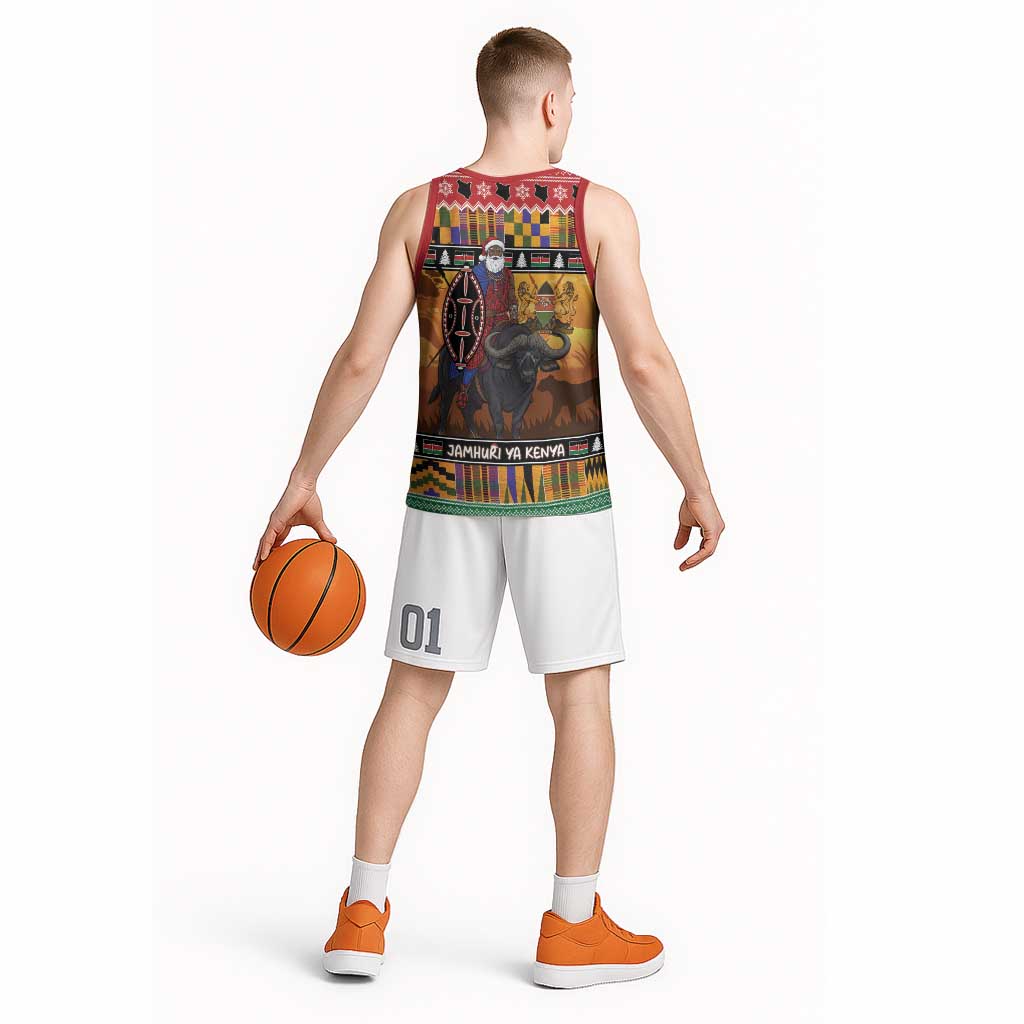 Kenya Safari Christmas Basketball Jersey Black Santa Riding Cape Buffalo - Heri ya Krismasi - Wonder Print Shop