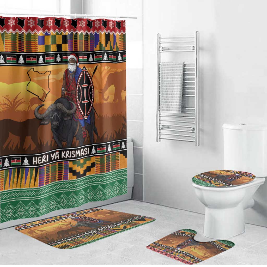 Kenya Safari Christmas Bathroom Set Black Santa Riding Cape Buffalo - Heri ya Krismasi - Wonder Print Shop