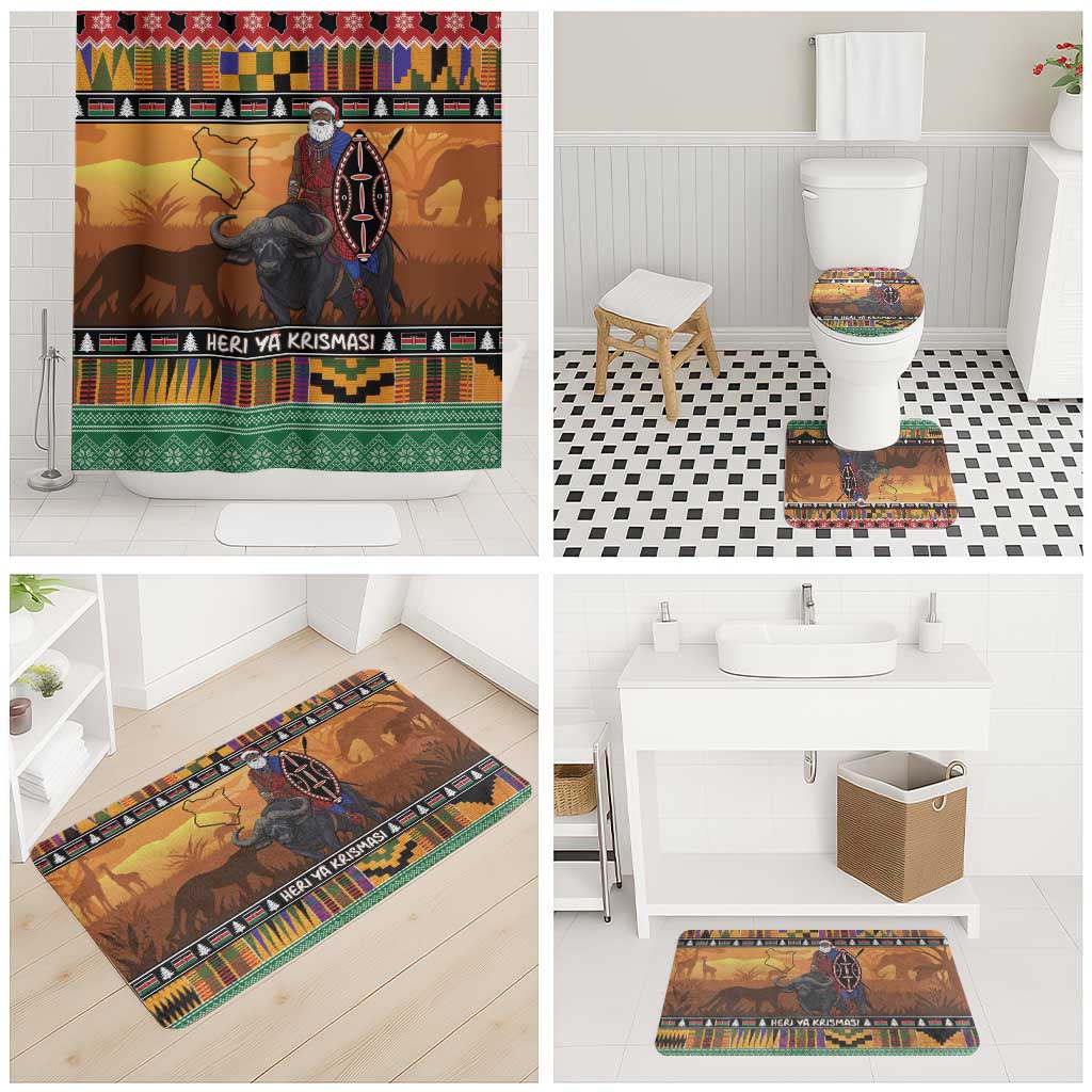 Kenya Safari Christmas Bathroom Set Black Santa Riding Cape Buffalo - Heri ya Krismasi - Wonder Print Shop