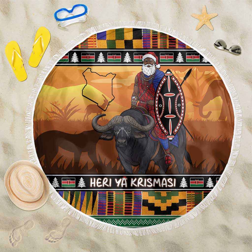 Kenya Safari Christmas Beach Blanket Black Santa Riding Cape Buffalo - Heri ya Krismasi - Wonder Print Shop