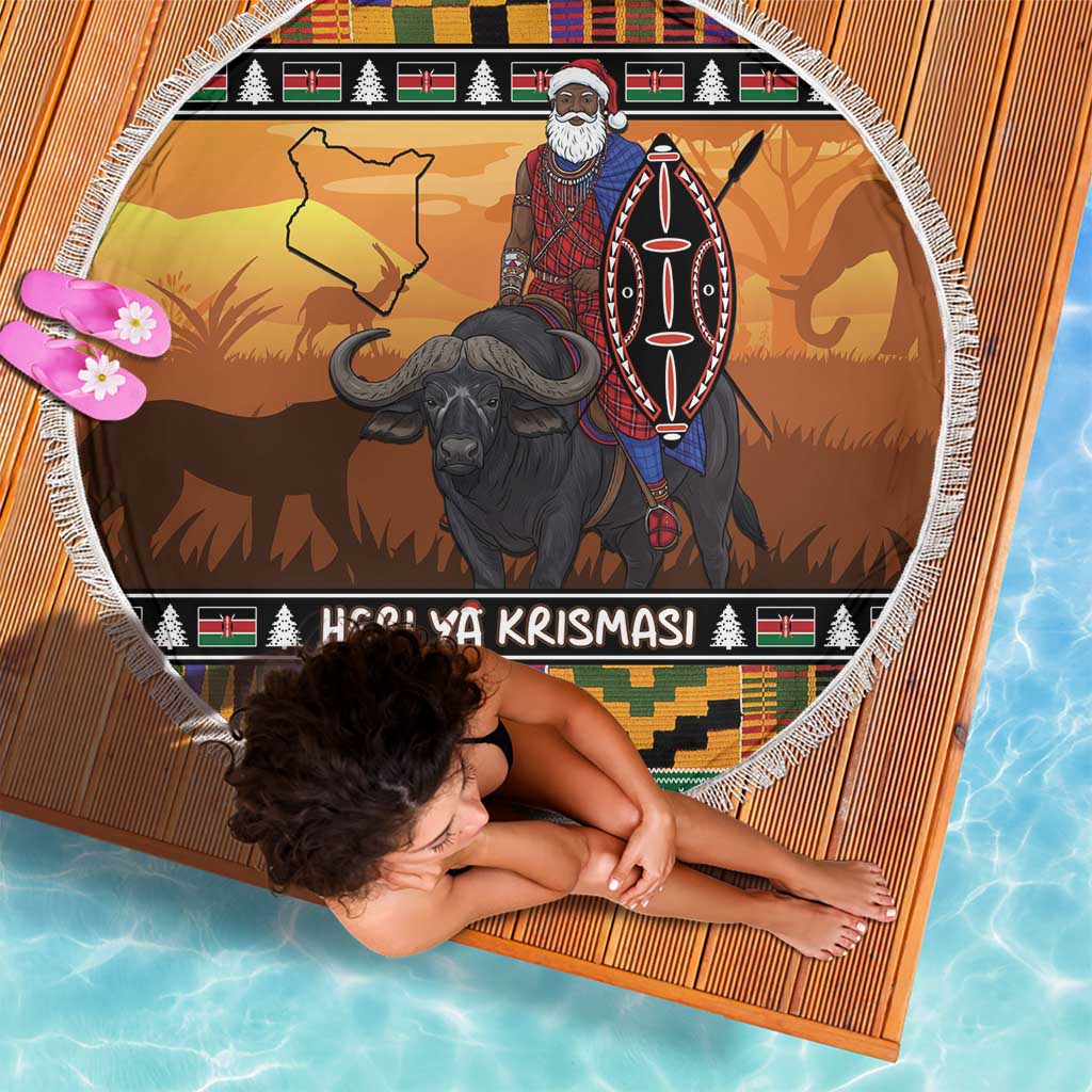 Kenya Safari Christmas Beach Blanket Black Santa Riding Cape Buffalo - Heri ya Krismasi - Wonder Print Shop