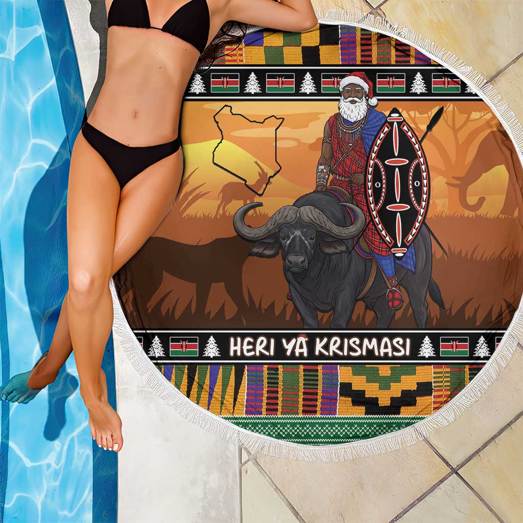 Kenya Safari Christmas Beach Blanket Black Santa Riding Cape Buffalo - Heri ya Krismasi - Wonder Print Shop