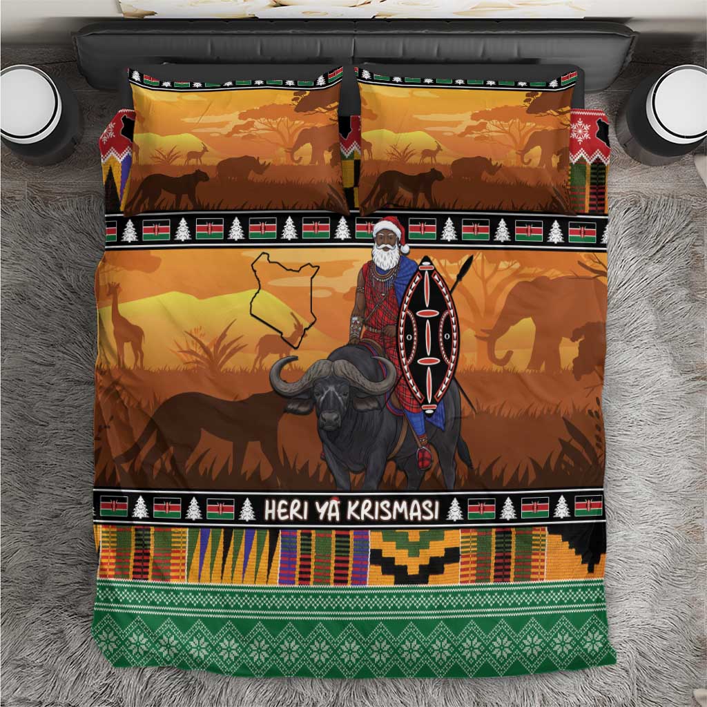 Kenya Safari Christmas Bedding Set Black Santa Riding Cape Buffalo - Heri ya Krismasi - Wonder Print Shop