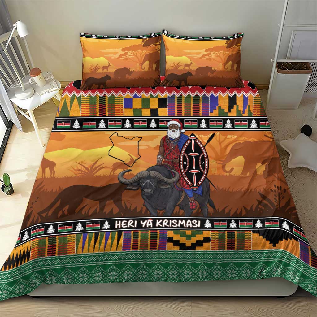 Kenya Safari Christmas Bedding Set Black Santa Riding Cape Buffalo - Heri ya Krismasi - Wonder Print Shop
