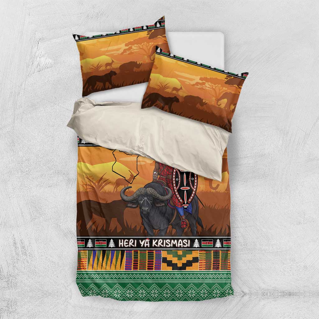Kenya Safari Christmas Bedding Set Black Santa Riding Cape Buffalo - Heri ya Krismasi - Wonder Print Shop