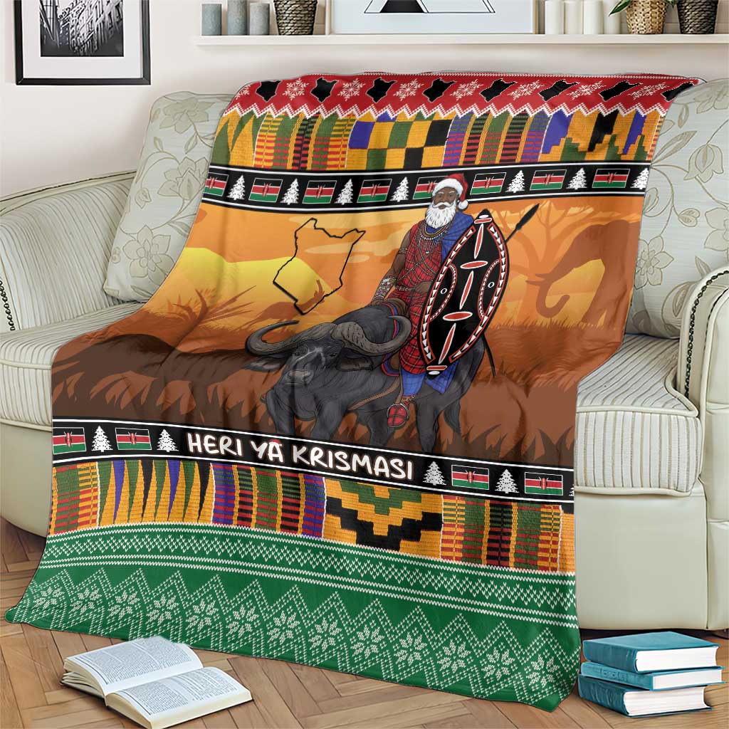 Kenya Safari Christmas Blanket Black Santa Riding Cape Buffalo - Heri ya Krismasi - Wonder Print Shop
