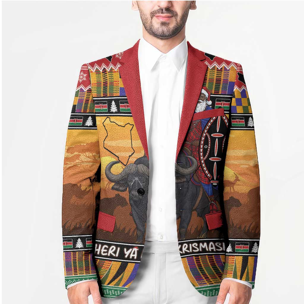 Kenya Safari Christmas Blazer Black Santa Riding Cape Buffalo - Heri ya Krismasi - Wonder Print Shop