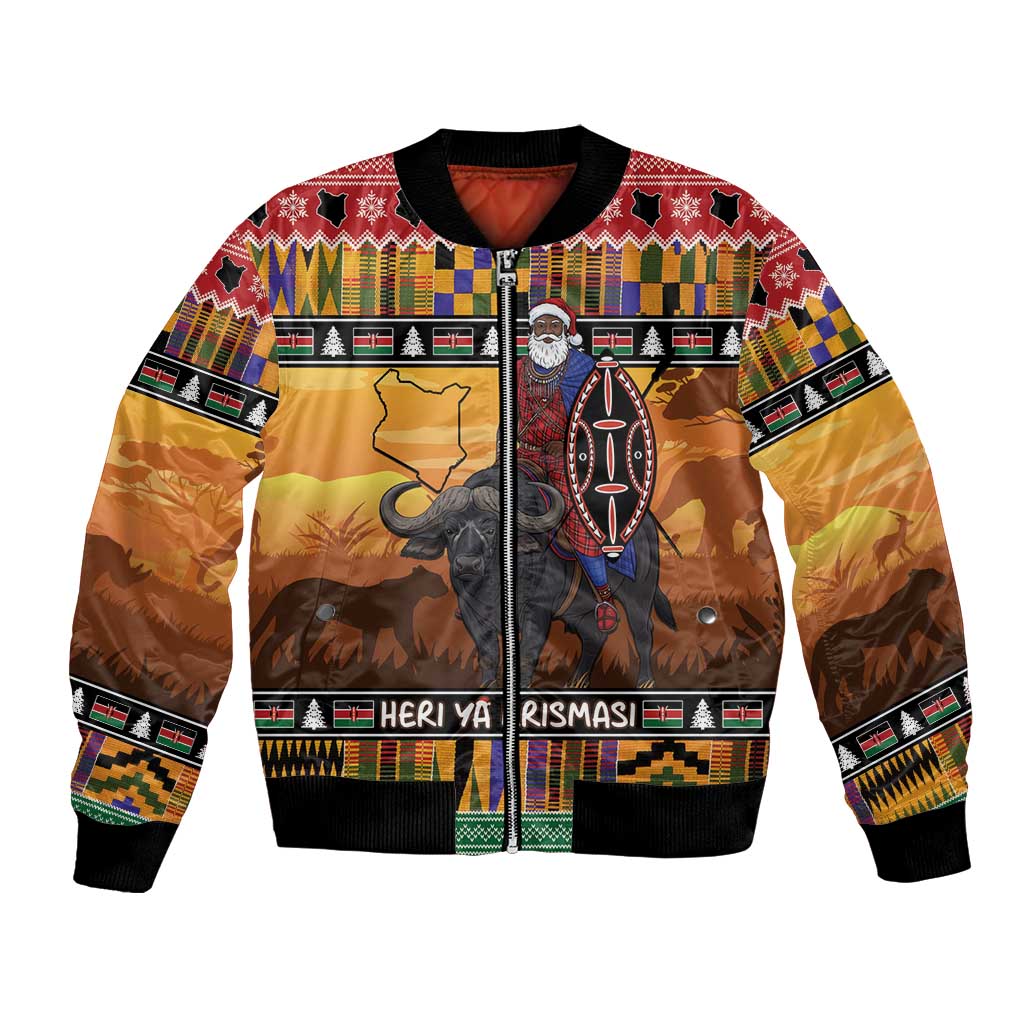 Kenya Safari Christmas Bomber Jacket Black Santa Riding Cape Buffalo - Heri ya Krismasi - Wonder Print Shop