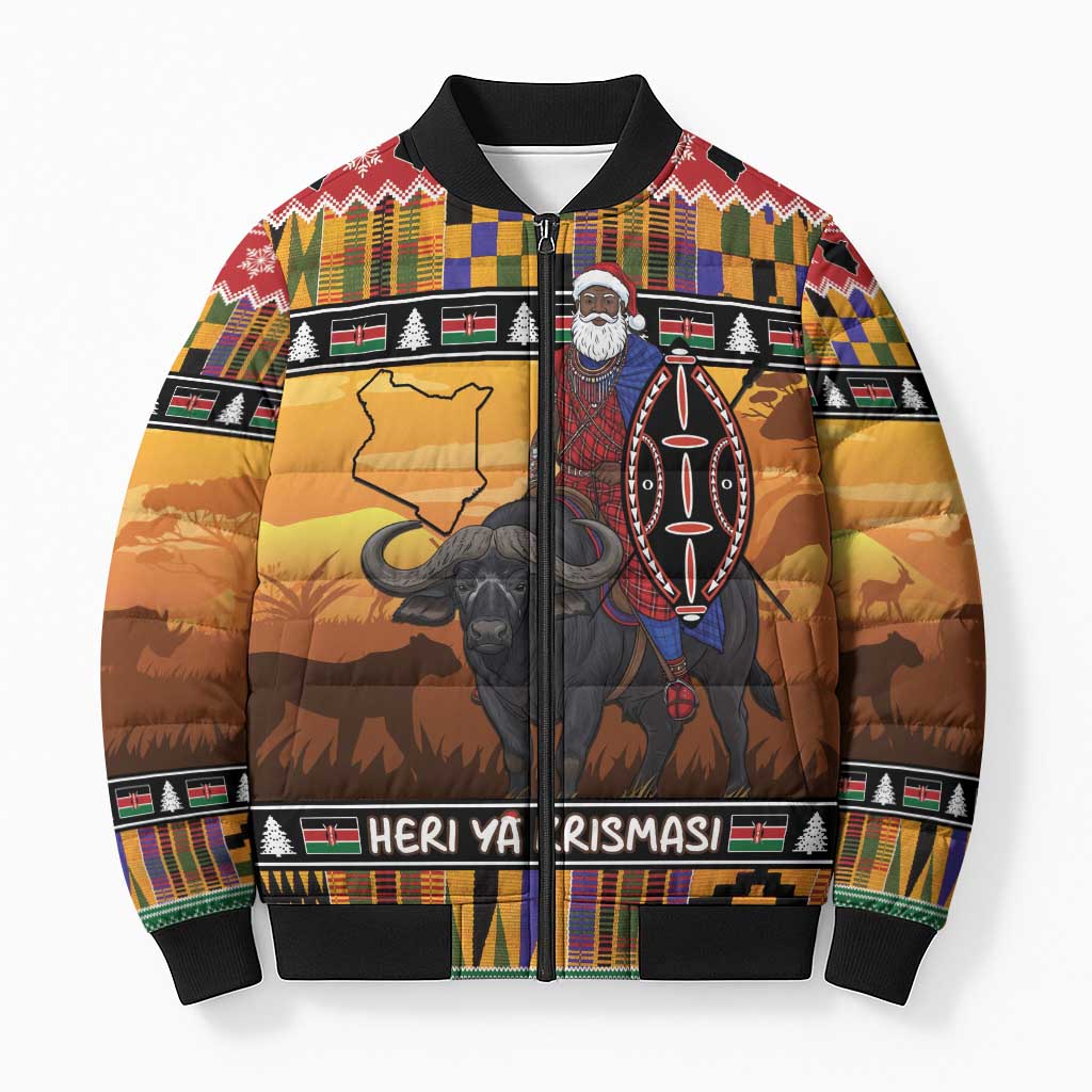 Kenya Safari Christmas Bomber Puffer Jacket Black Santa Riding Cape Buffalo - Heri ya Krismasi - Wonder Print Shop