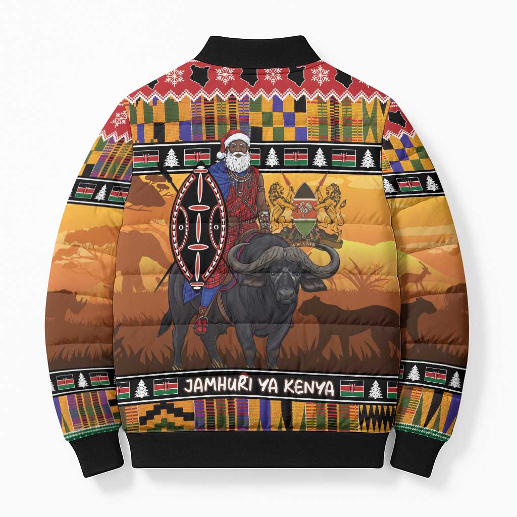 Kenya Safari Christmas Bomber Puffer Jacket Black Santa Riding Cape Buffalo - Heri ya Krismasi - Wonder Print Shop
