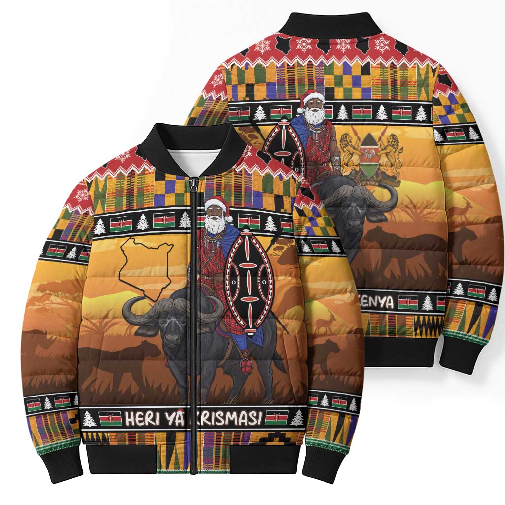 Kenya Safari Christmas Bomber Puffer Jacket Black Santa Riding Cape Buffalo - Heri ya Krismasi - Wonder Print Shop