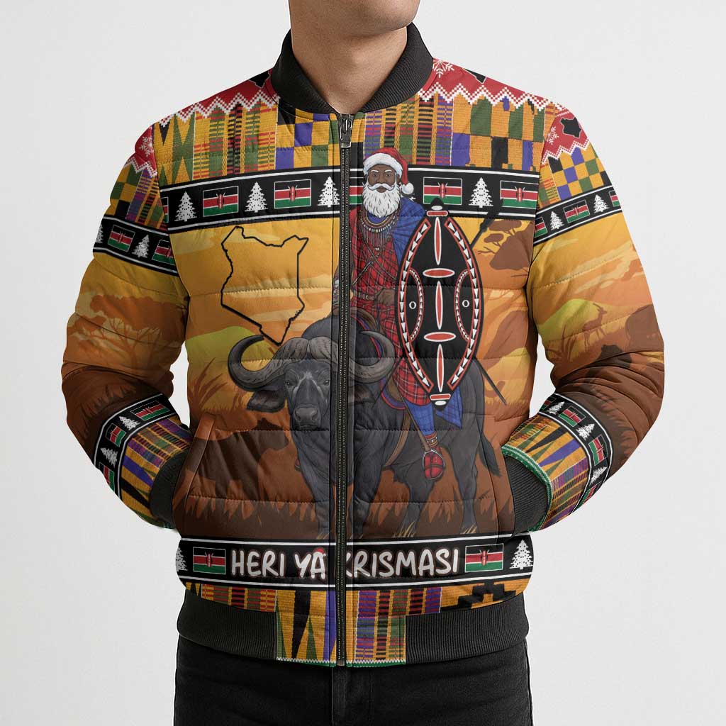 Kenya Safari Christmas Bomber Puffer Jacket Black Santa Riding Cape Buffalo - Heri ya Krismasi - Wonder Print Shop