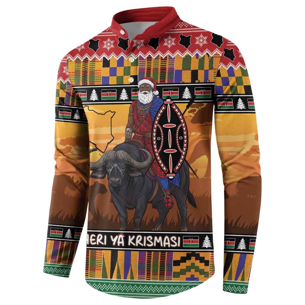 Kenya Safari Christmas Button Sweatshirt Black Santa Riding Cape Buffalo - Heri ya Krismasi - Wonder Print Shop