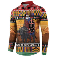 Kenya Safari Christmas Button Sweatshirt Black Santa Riding Cape Buffalo - Heri ya Krismasi - Wonder Print Shop