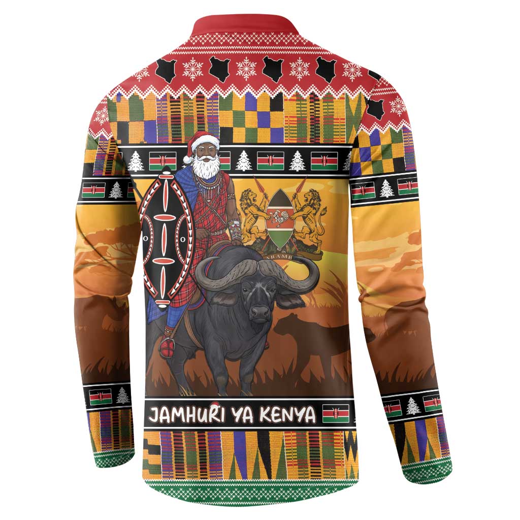 Kenya Safari Christmas Button Sweatshirt Black Santa Riding Cape Buffalo - Heri ya Krismasi - Wonder Print Shop