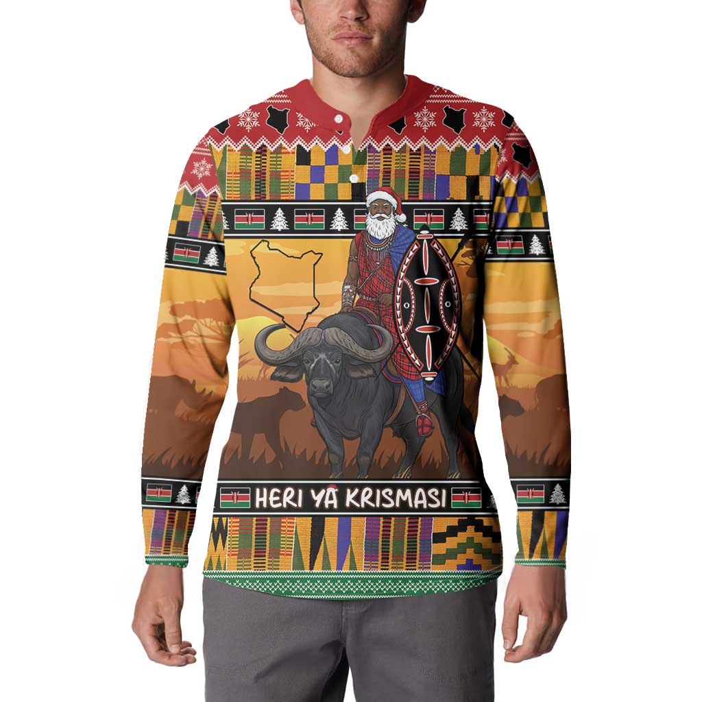 Kenya Safari Christmas Button Sweatshirt Black Santa Riding Cape Buffalo - Heri ya Krismasi - Wonder Print Shop