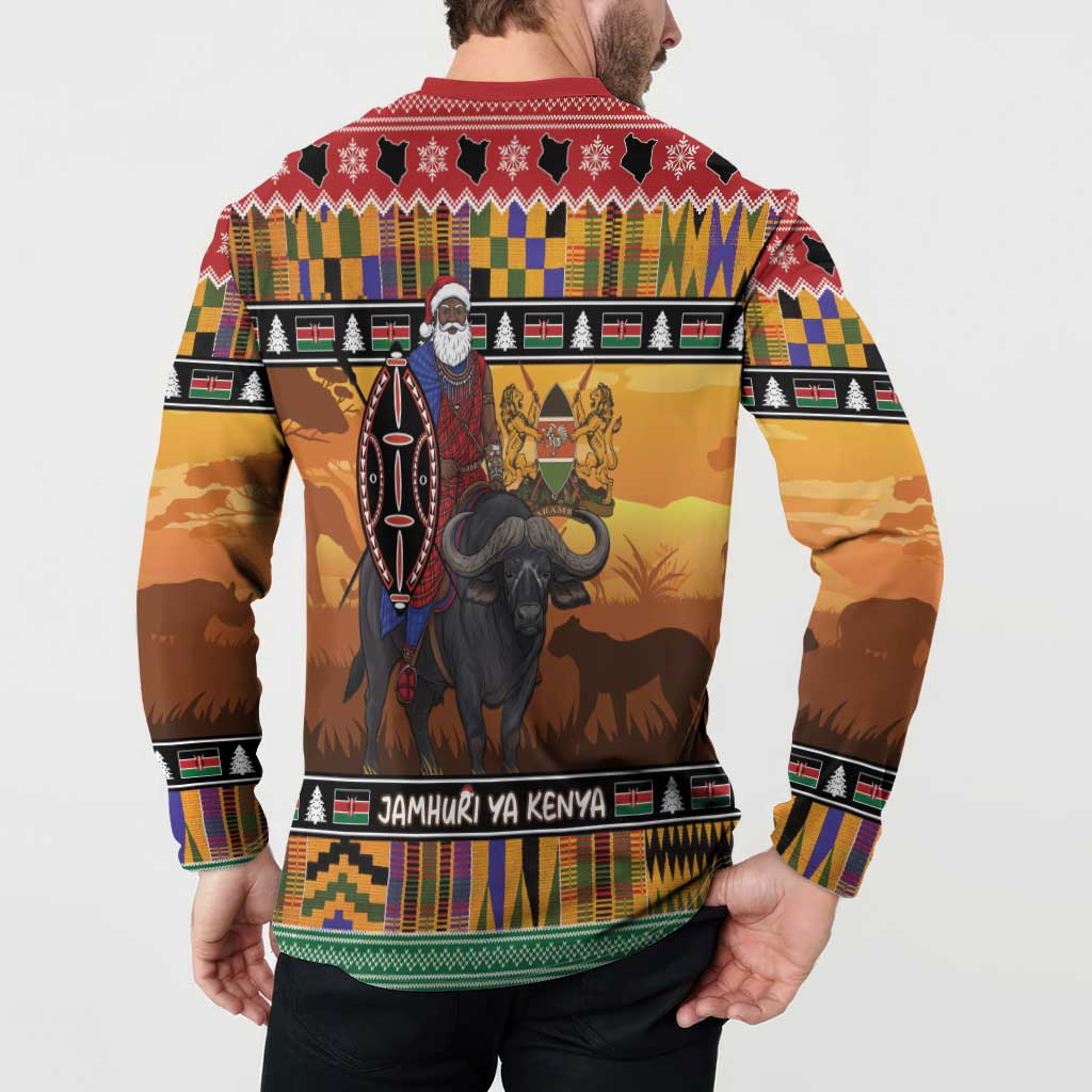 Kenya Safari Christmas Button Sweatshirt Black Santa Riding Cape Buffalo - Heri ya Krismasi - Wonder Print Shop