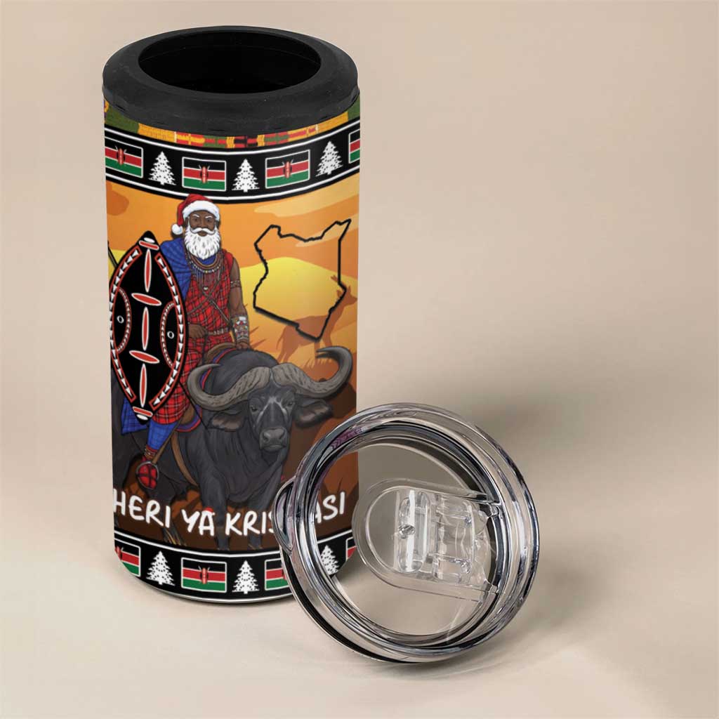 Kenya Safari Christmas 4 in 1 Can Cooler Tumbler Black Santa Riding Cape Buffalo - Heri ya Krismasi - Wonder Print Shop