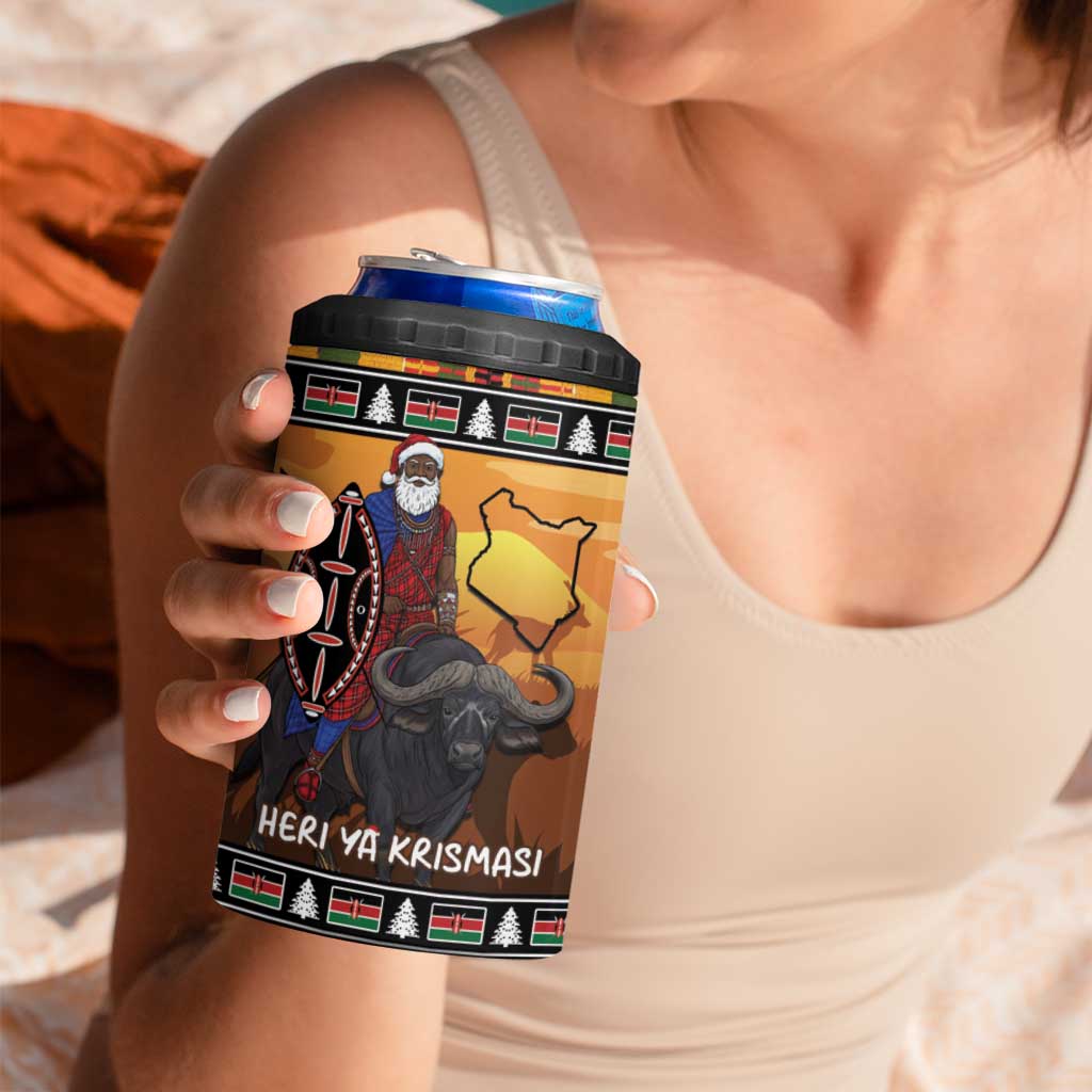 Kenya Safari Christmas 4 in 1 Can Cooler Tumbler Black Santa Riding Cape Buffalo - Heri ya Krismasi - Wonder Print Shop