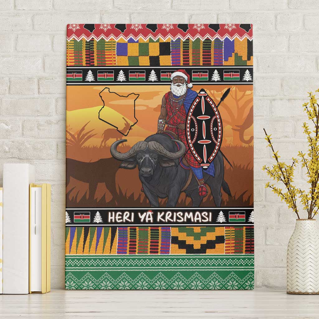 Kenya Safari Christmas Canvas Wall Art Black Santa Riding Cape Buffalo - Heri ya Krismasi - Wonder Print Shop