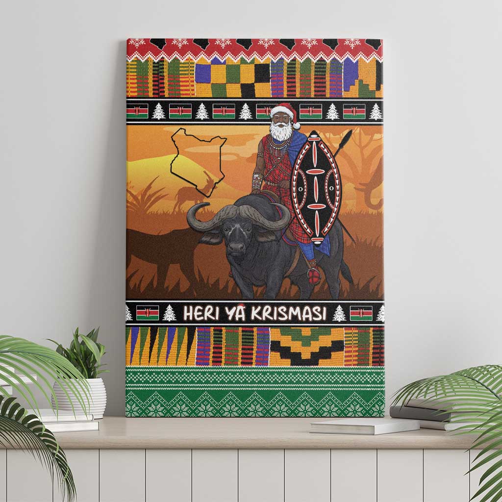 Kenya Safari Christmas Canvas Wall Art Black Santa Riding Cape Buffalo - Heri ya Krismasi - Wonder Print Shop