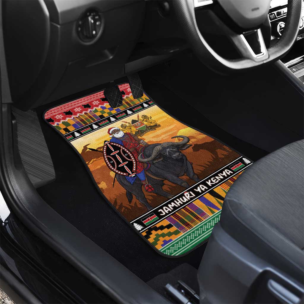 Kenya Safari Christmas Car Mats Black Santa Riding Cape Buffalo - Heri ya Krismasi - Wonder Print Shop