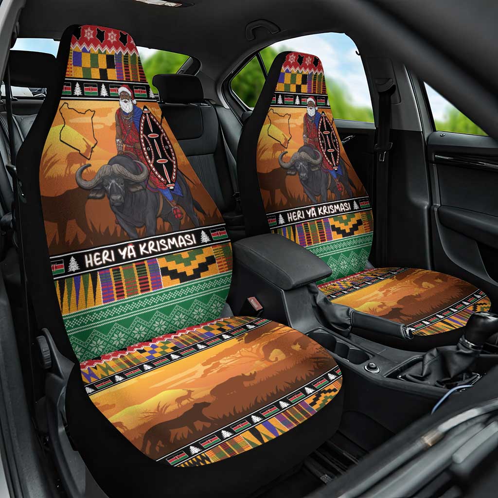 Kenya Safari Christmas Car Seat Cover Black Santa Riding Cape Buffalo - Heri ya Krismasi - Wonder Print Shop