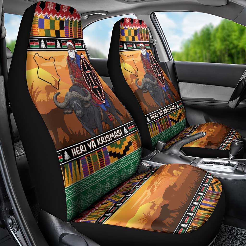 Kenya Safari Christmas Car Seat Cover Black Santa Riding Cape Buffalo - Heri ya Krismasi - Wonder Print Shop