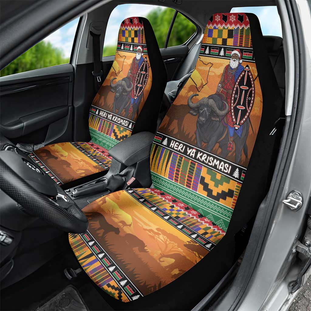 Kenya Safari Christmas Car Seat Cover Black Santa Riding Cape Buffalo - Heri ya Krismasi - Wonder Print Shop